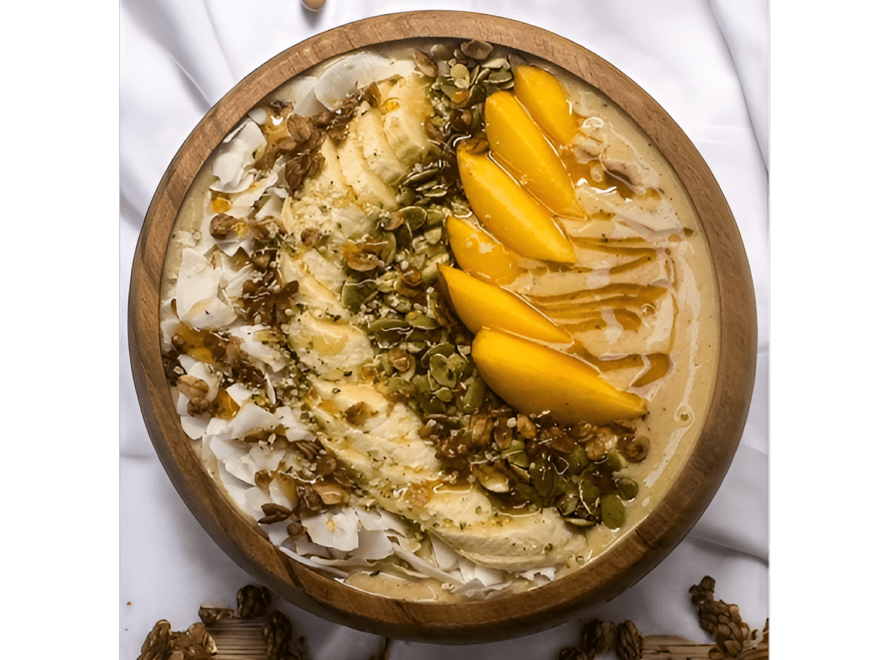 Delicious mango banana smoothie bowl.