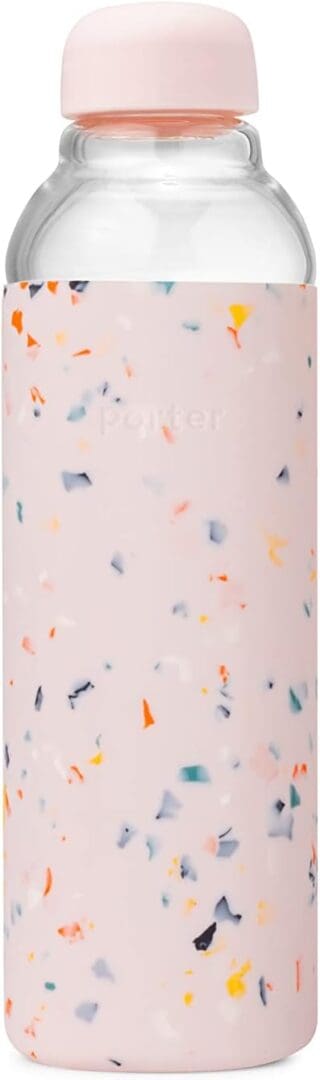 Pink terrazzo patterned water bottle.