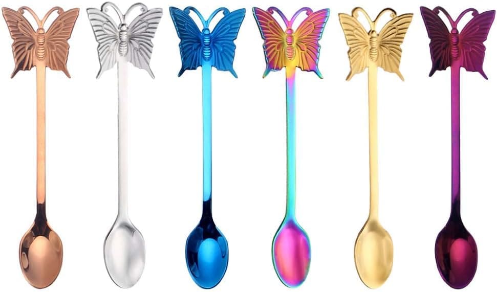 Six colorful butterfly tea spoons.