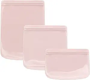 Here's an alt tag for the image: `Pink reusable food storage bags, set of three`