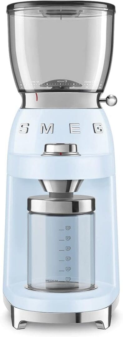 Smeg light blue coffee grinder.