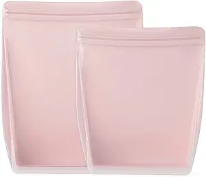 Here's an alt tag for the image: Two pink resealable storage bags.