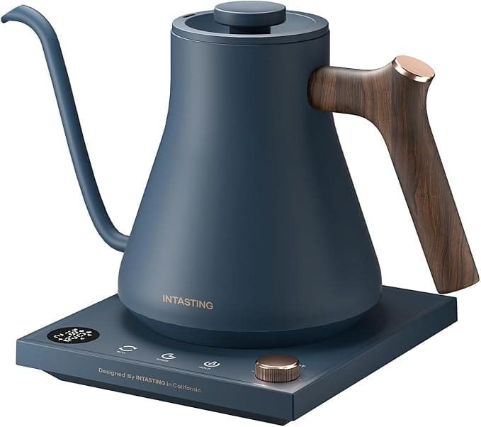 Here's an 8-word alt tag for the image: Blue gooseneck electric kettle with wooden handle.