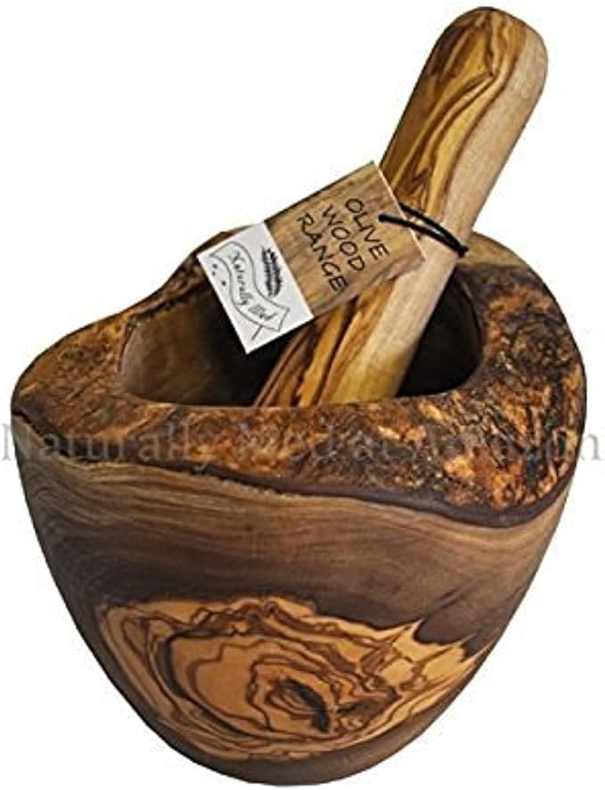 Olive wood mortar and pestle set.