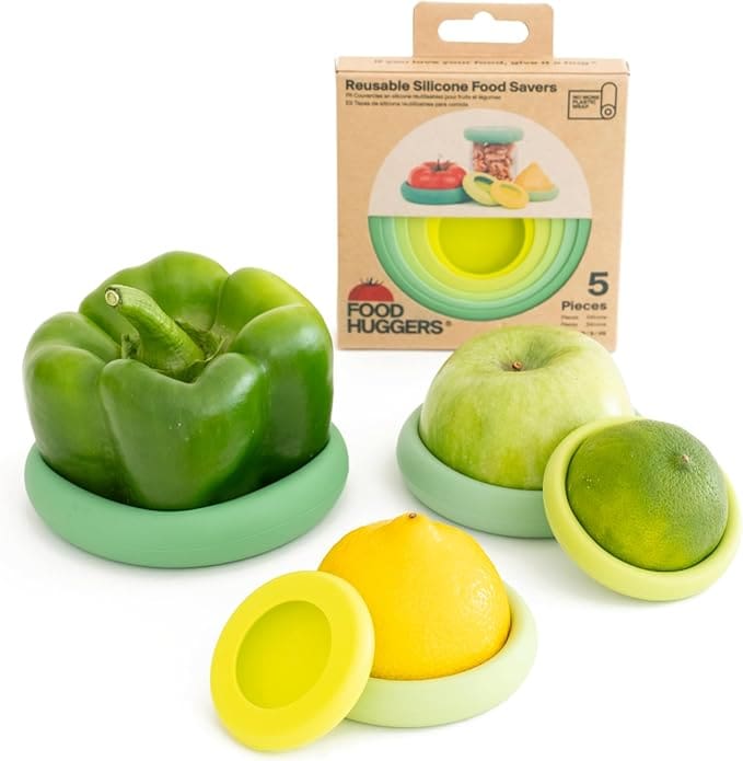 Reusable silicone food savers with fruit.