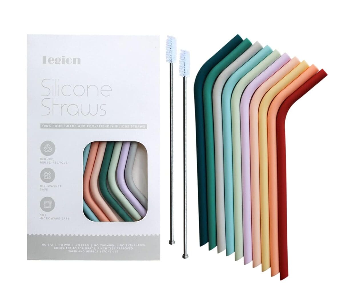 Colorful silicone straws with cleaning brushes.