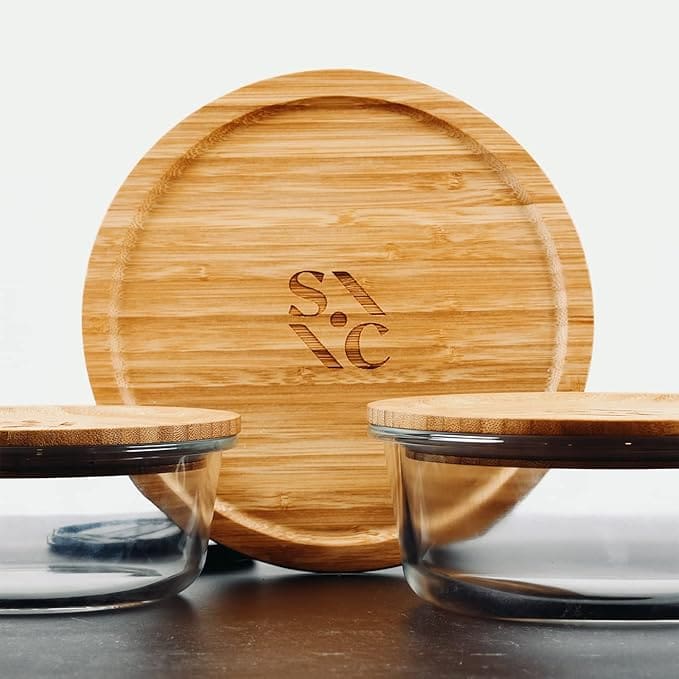 Bamboo lids and glass storage containers.