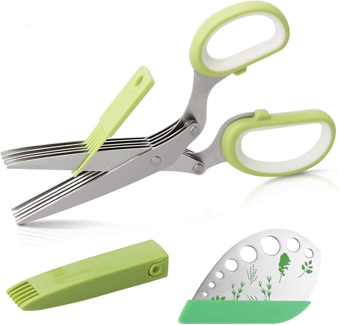 Multi-blade herb scissors with cleaning tool.