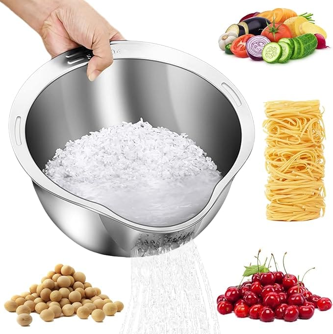 Stainless steel colander bowl with rice.