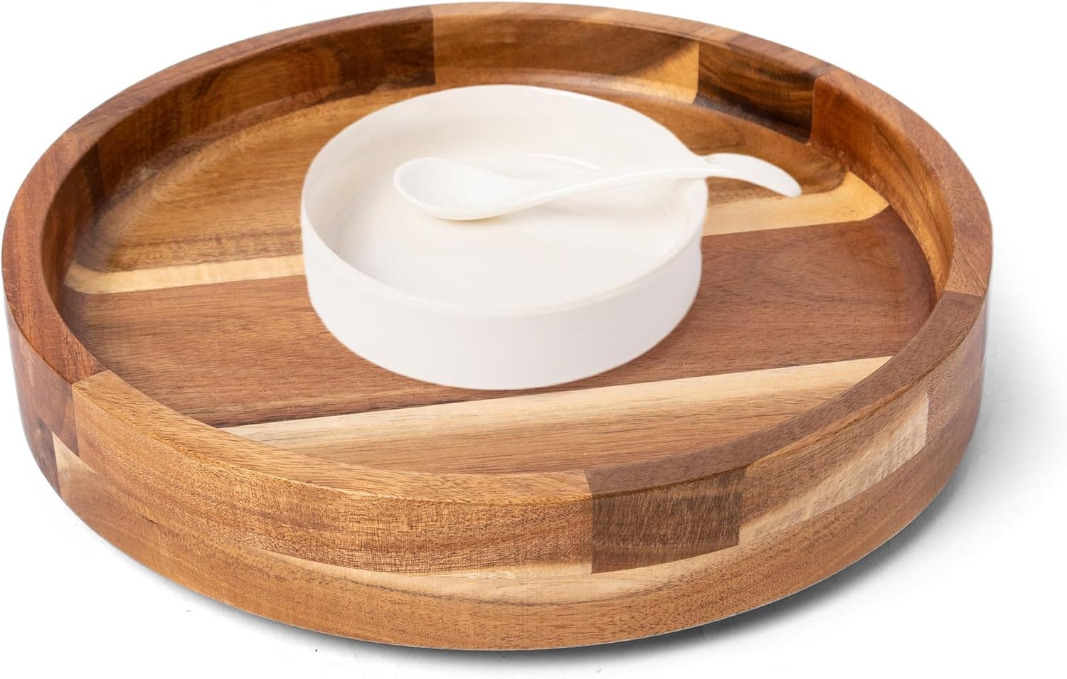 Wooden serving tray with small bowl and spoon.