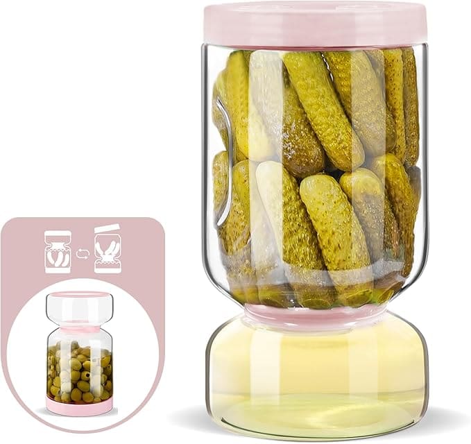 Pink jar filled with pickles.