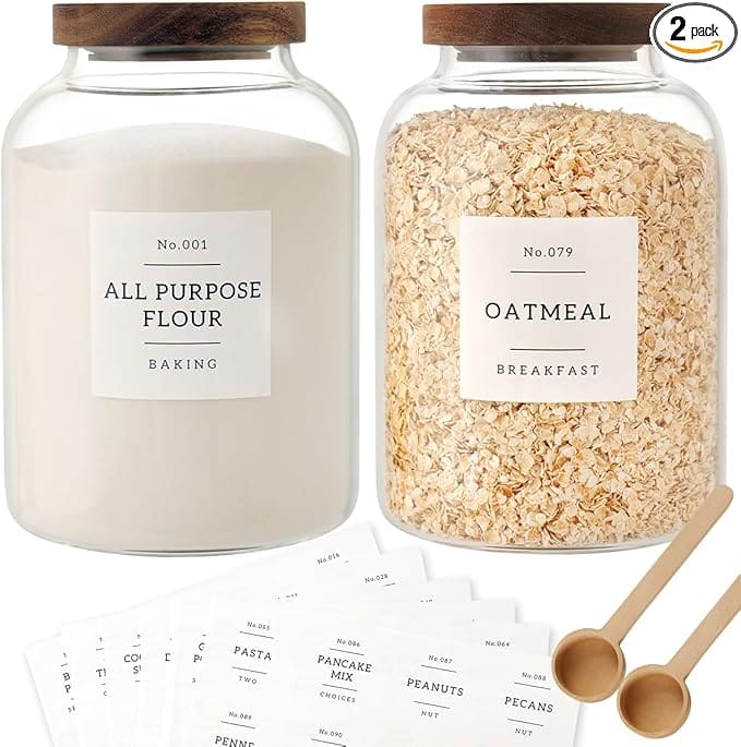 Flour and oatmeal in glass jars.