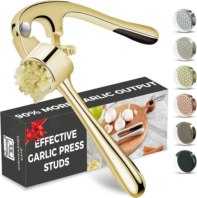 Gold garlic press, 90% more output.