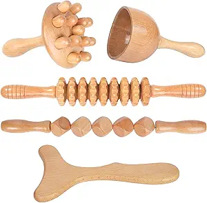 Here's an alt tag for the image: Wooden massage tool set.