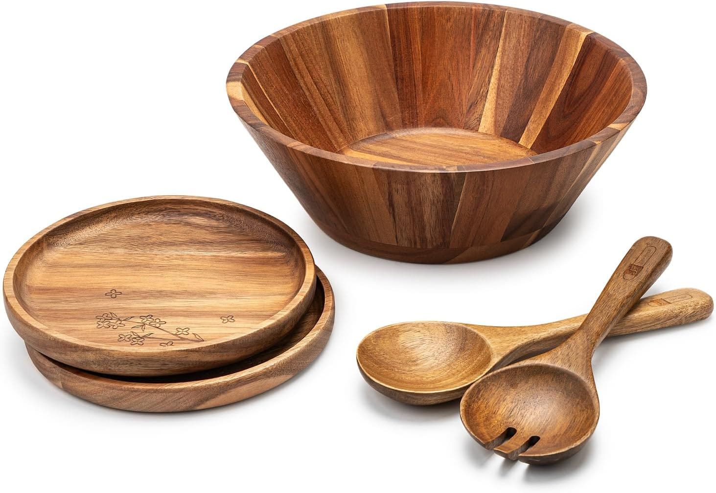 Wooden salad bowl, plates, and servers.