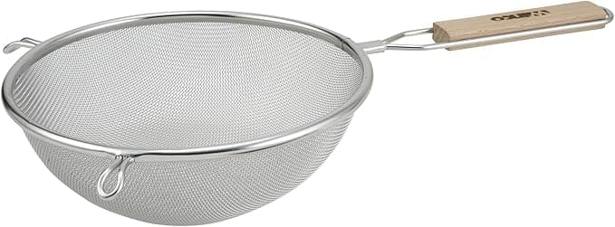 Stainless steel strainer with wooden handle.