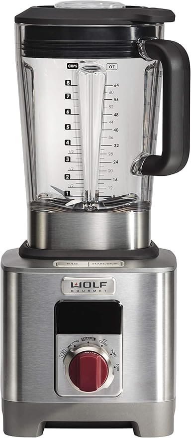 Wolf Gourmet blender with red knob.