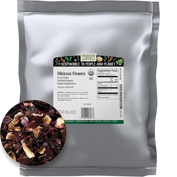 Organic hibiscus flowers, 16 oz bag.