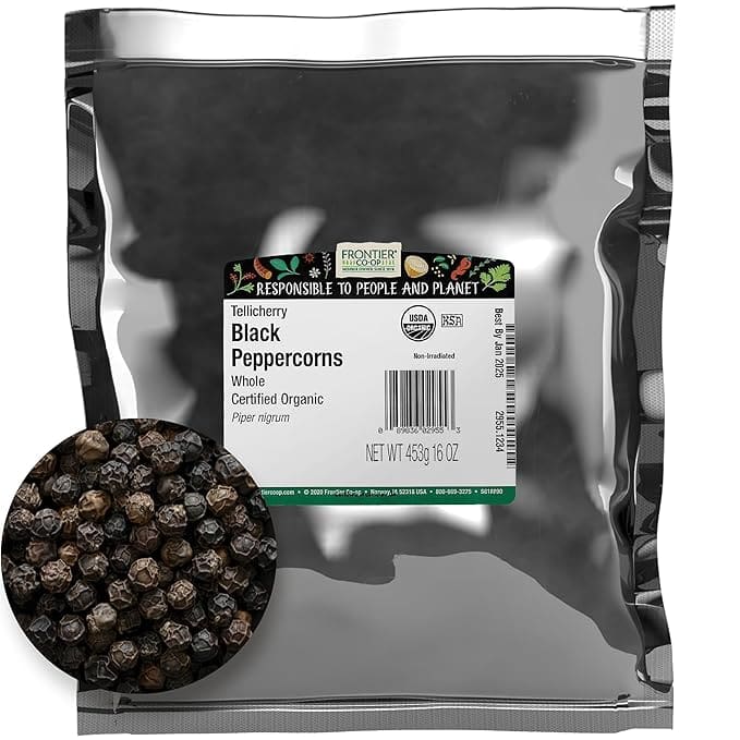 Organic Tellicherry black peppercorns.