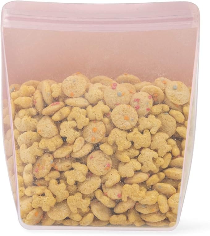 Pink bag of animal-shaped cereal.