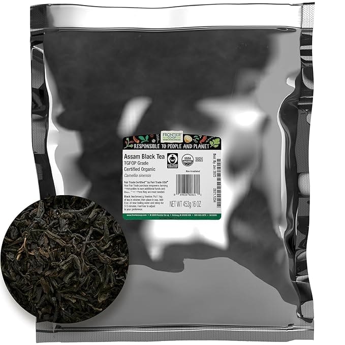 Organic Assam black tea, 16 oz bag.