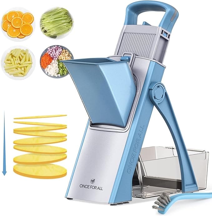 Blue vegetable slicer with cleaning brush.