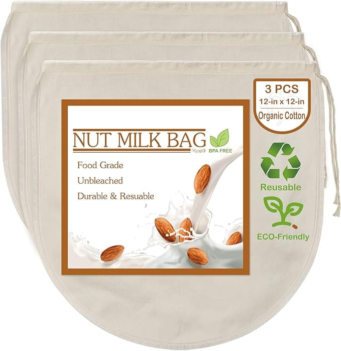 Three reusable organic cotton nut milk bags.