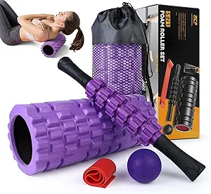 Here's an alt tag for the image: Purple foam roller set with massage ball.