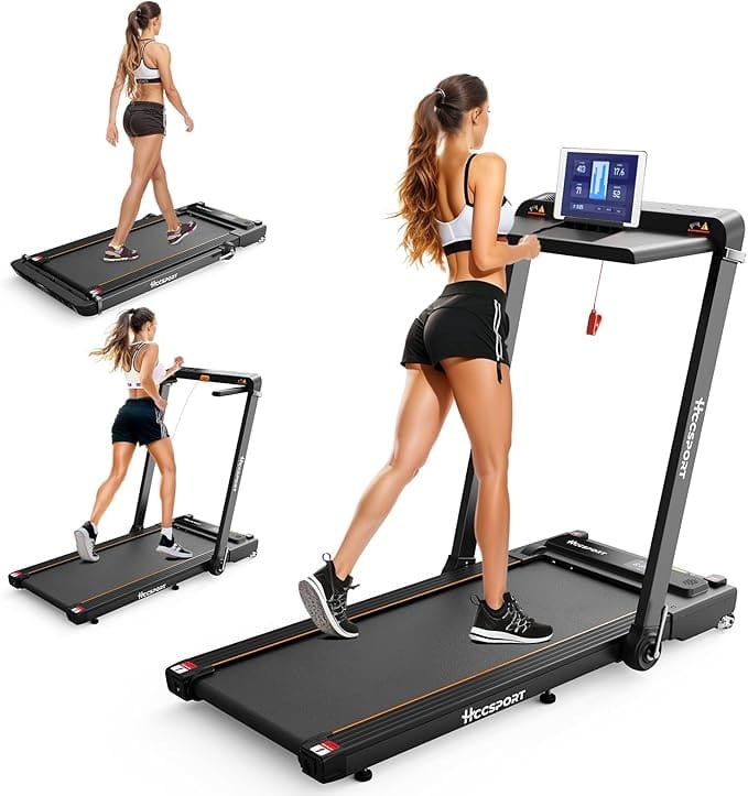 Black foldable treadmill with digital display.