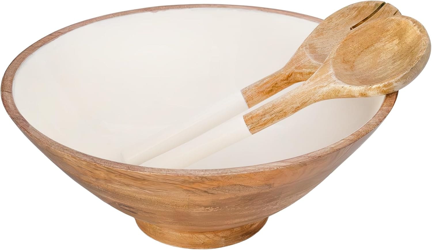 Wooden salad bowl with serving spoons.