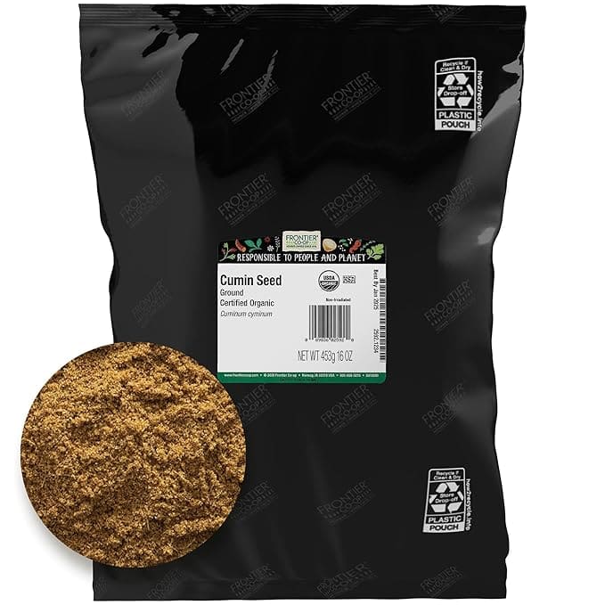 Organic ground cumin, 16 oz bag.