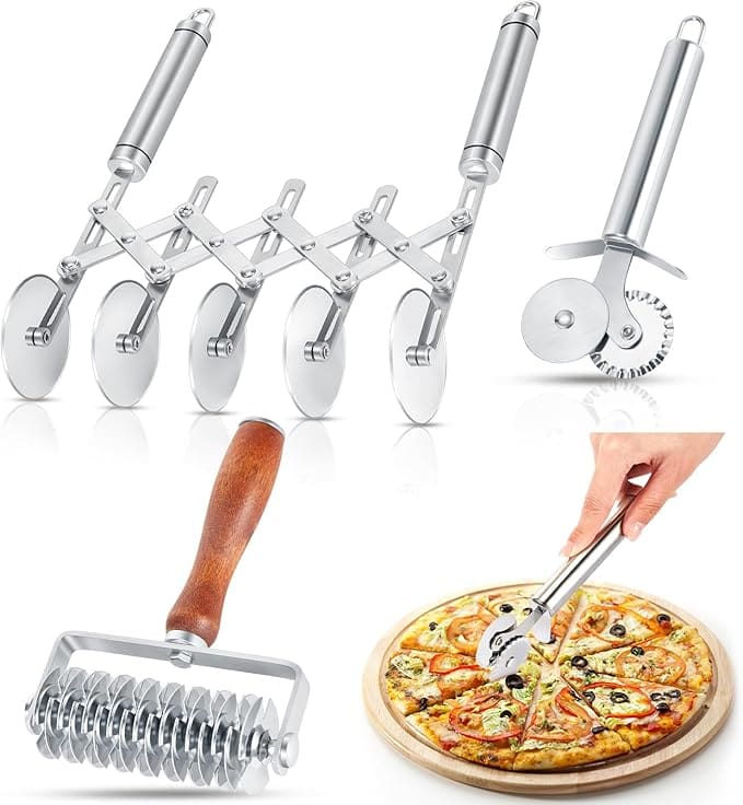 Pizza cutter set with rolling cutter.