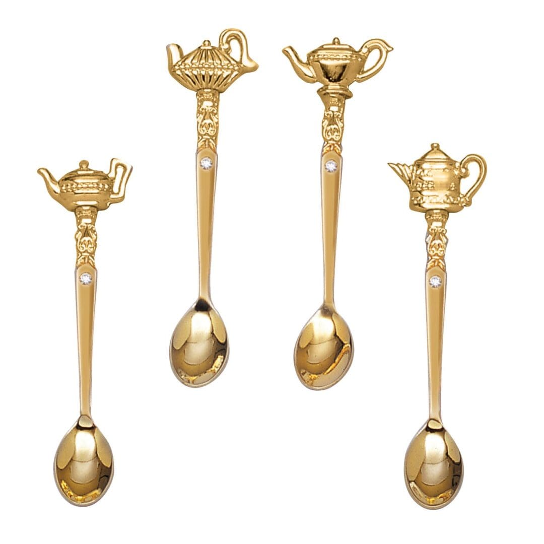 Here's an alt tag for the image: Gold teapot tea spoons.