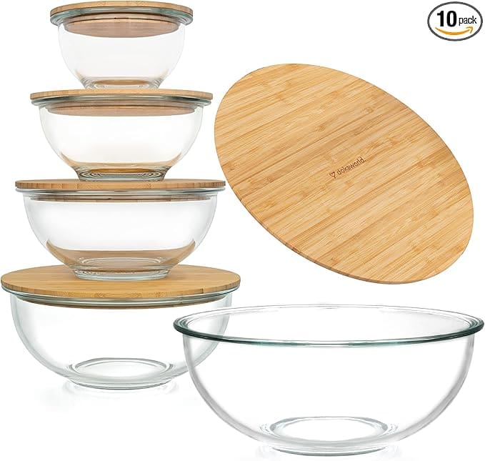 Glass mixing bowls with bamboo lids.