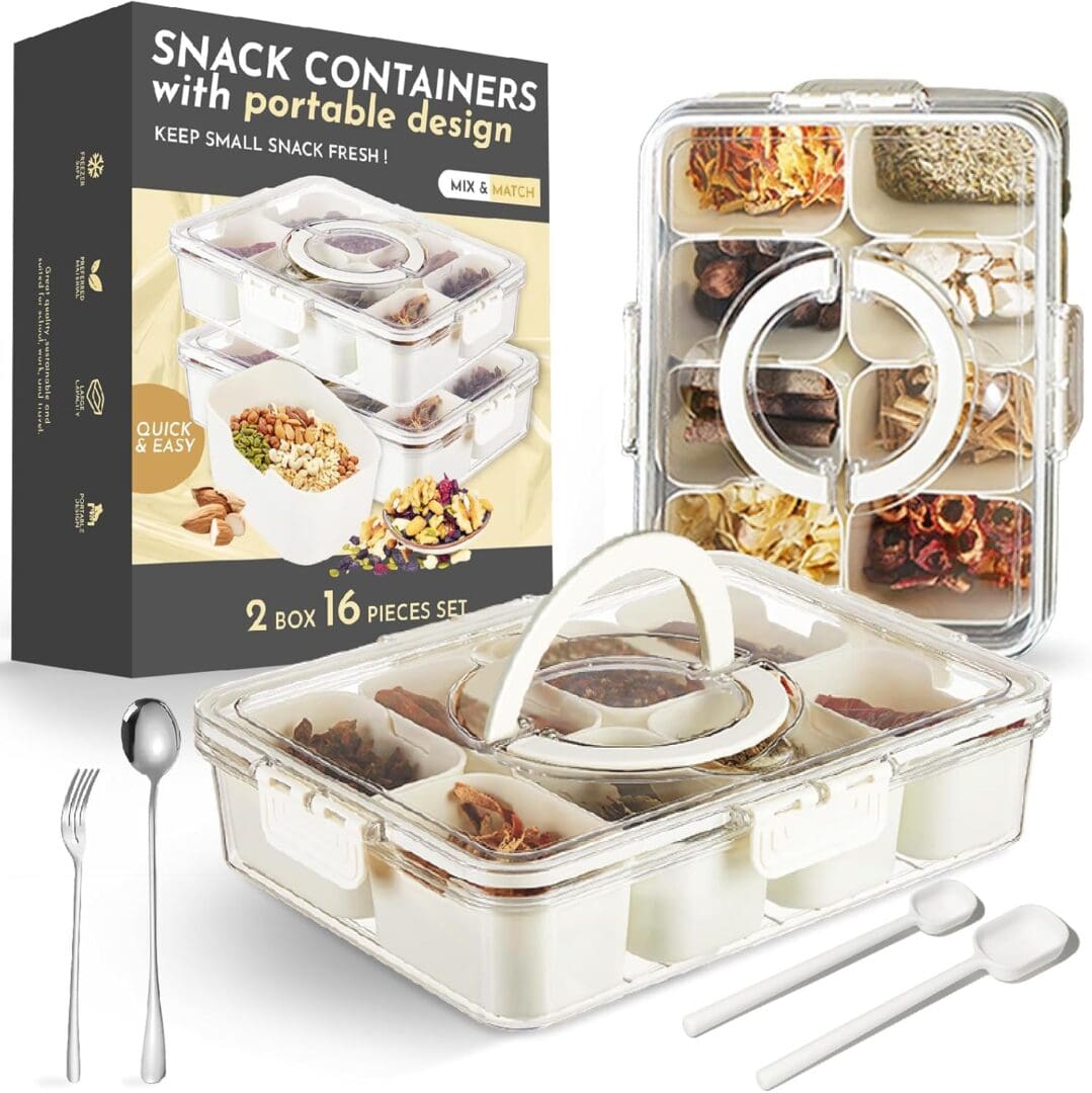 Portable 2-box 16-piece snack container set.