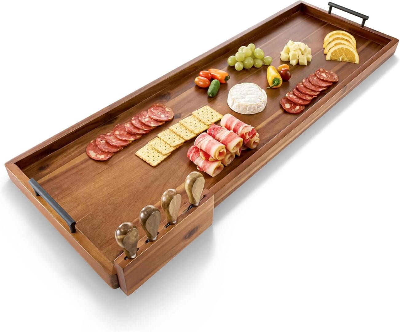 Wooden serving tray with cheese and meat.