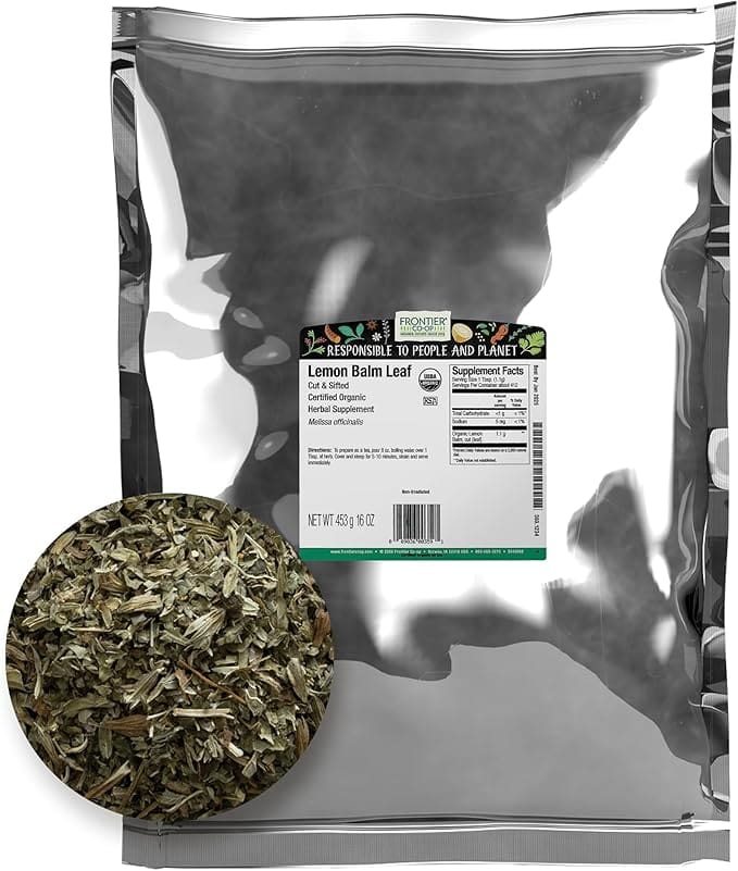 Organic lemon balm leaf, 16 oz bag.