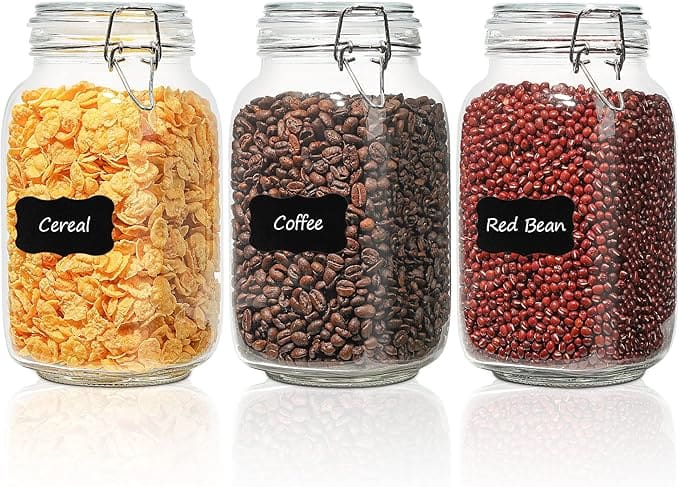 Cereal, coffee, and red beans in jars.