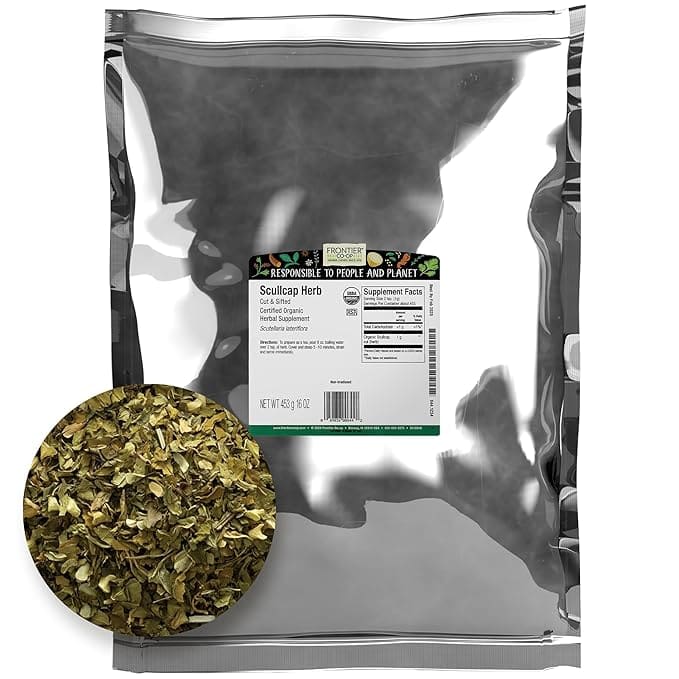 Organic skullcap herb, 16 oz bag.