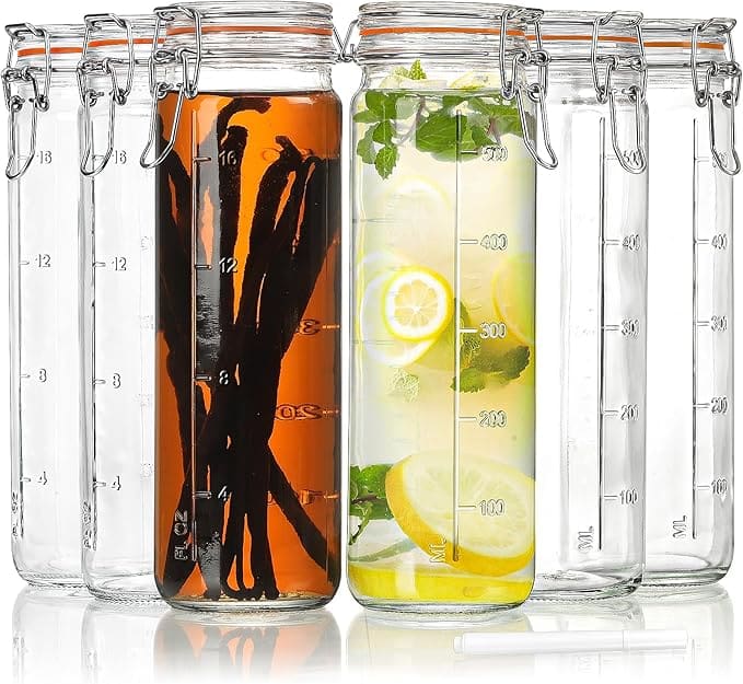 Glass jars with infusions and liquids.