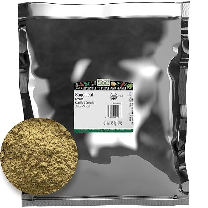 Organic ground sage, 16 oz bag.