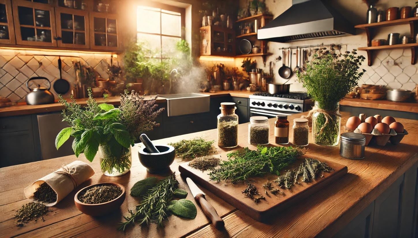 Kitchen counter with fresh herbs and spices.