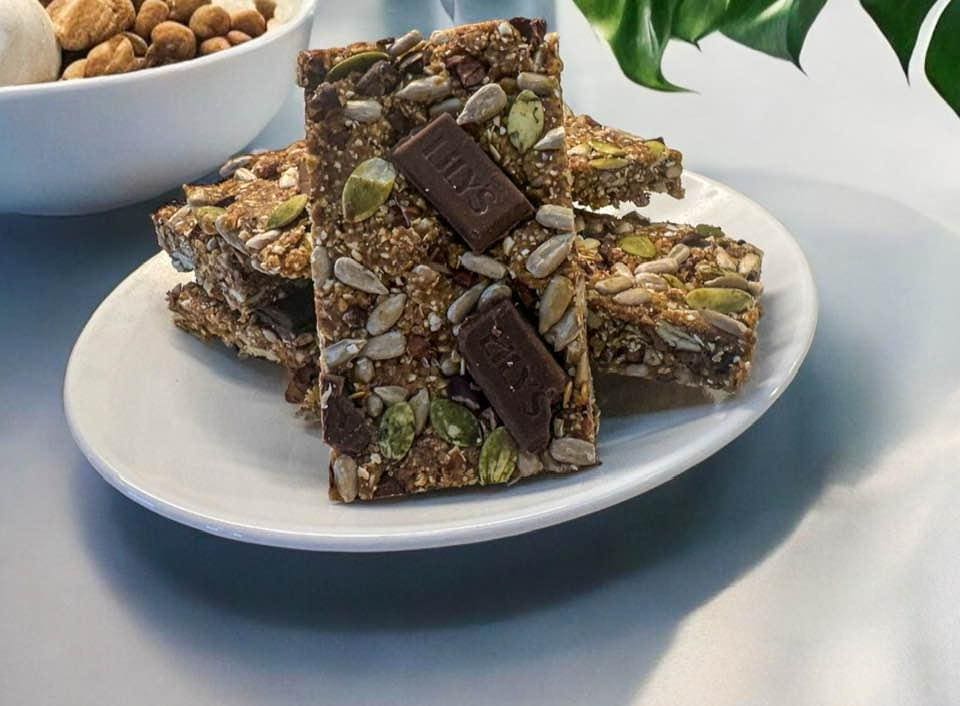 Homemade granola bars with chocolate.