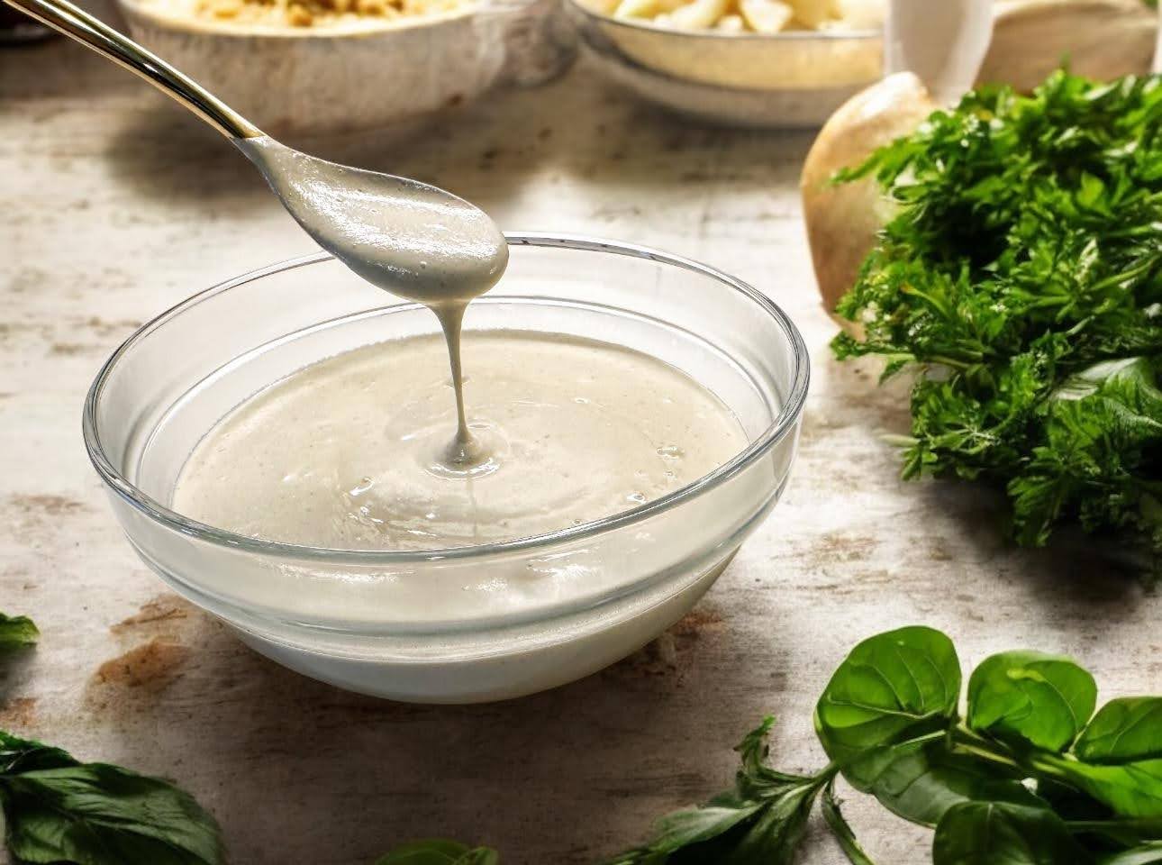 Creamy tahini sauce in glass bowl.