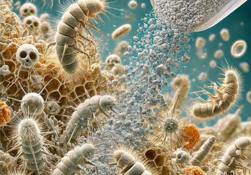 Microscopic organisms attacked by powder.